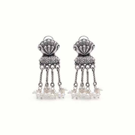 Shell & Pearls — Floral Tassel Earrings in Oxidised Silver