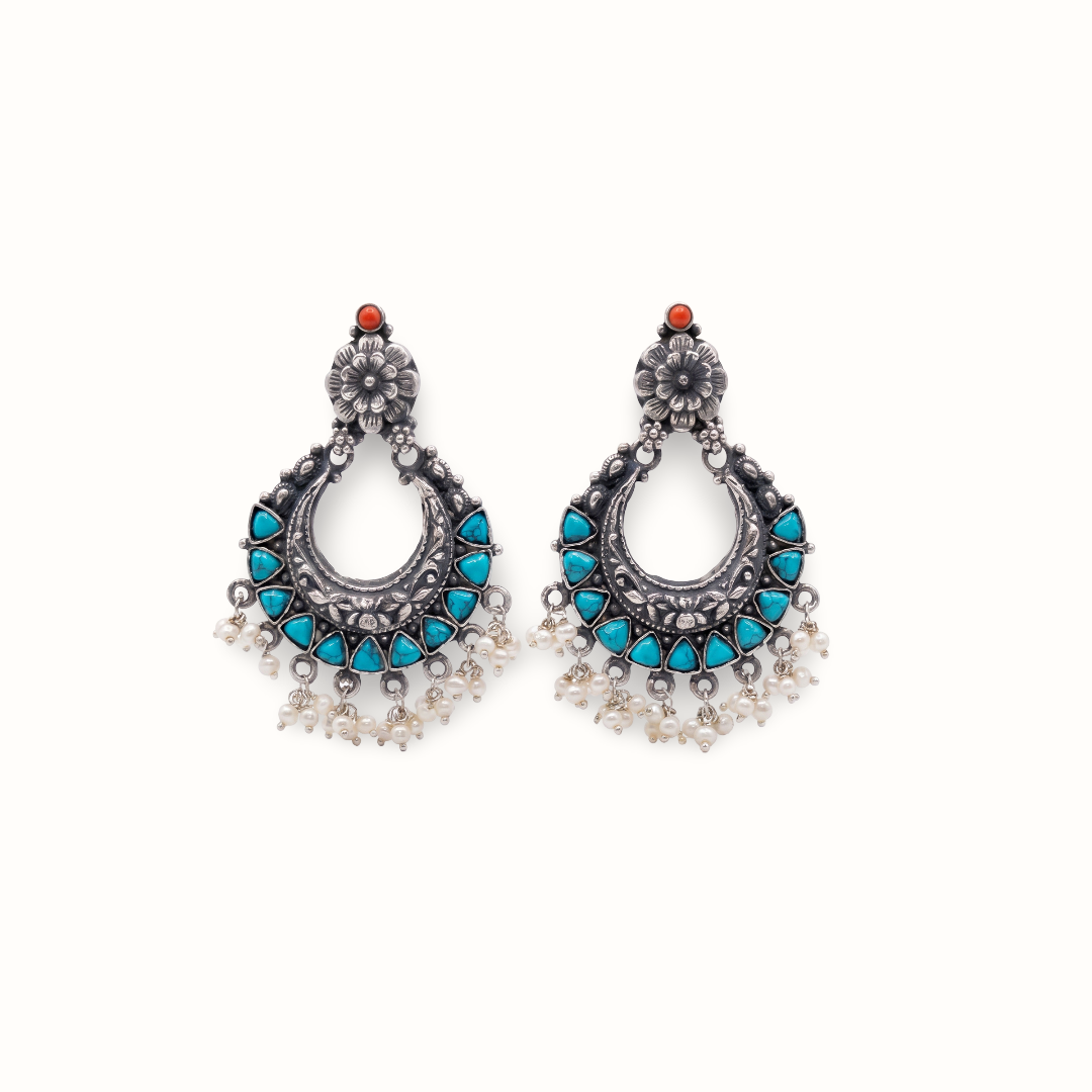 Firoza & Pearls — Chandbali Earrings in Oxidised Silver
