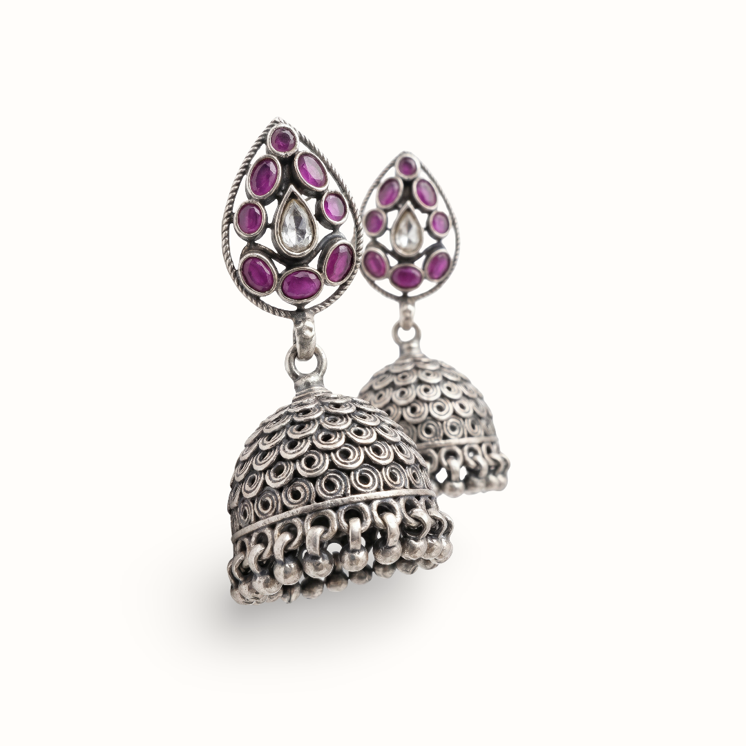 Full Drama — Ruby & Kundan Jhumka in Oxidised Silver