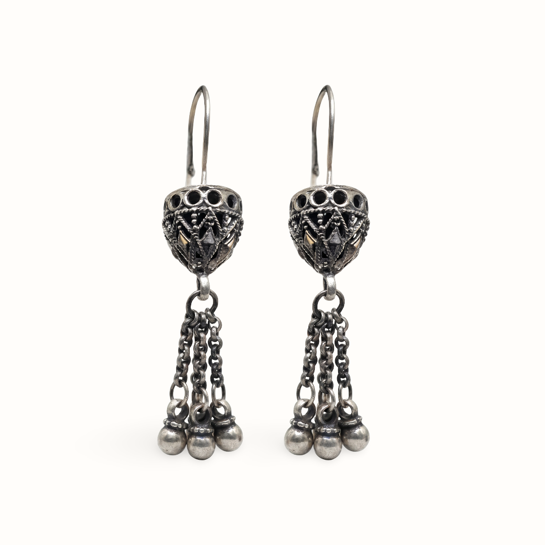 Little Riot — Jali Dome Chain-Tassel Earrings in Oxidised Silver