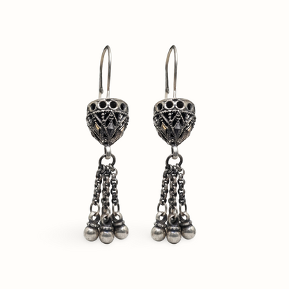 Little Riot — Jali Dome Chain-Tassel Earrings in Oxidised Silver