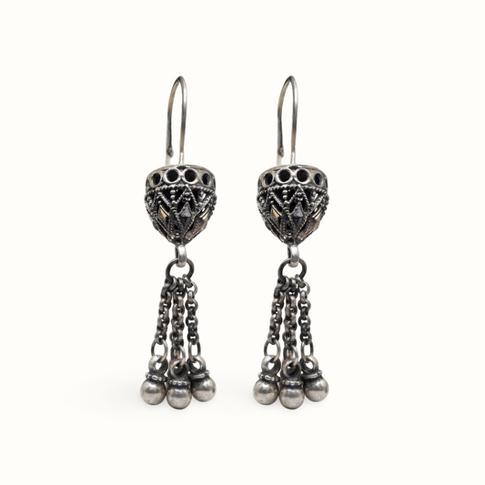 Little Riot — Jali Dome Chain-Tassel Earrings in Oxidised Silver