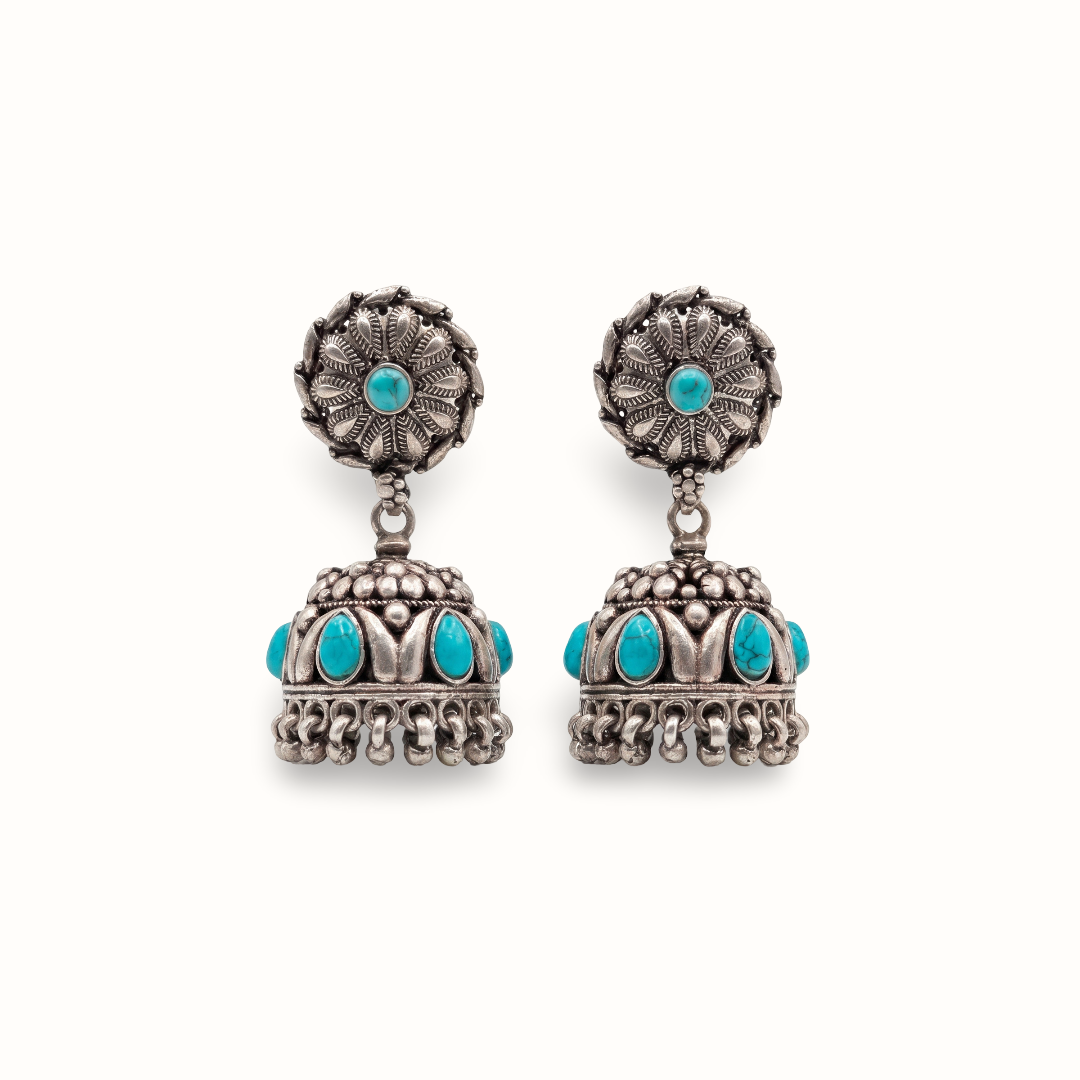 Firoza Hit — Jhumka Earrings in Oxidised Silver