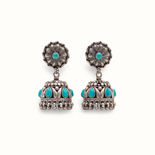 Firoza Hit — Jhumka Earrings in Oxidised Silver
