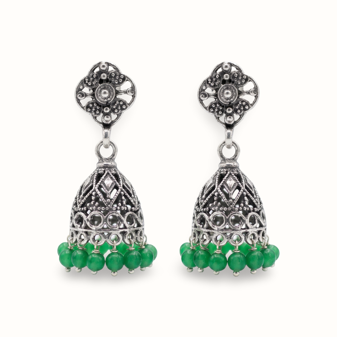 Goes With Everything — Jali Jhumka in Oxidised Silver with Green Beads