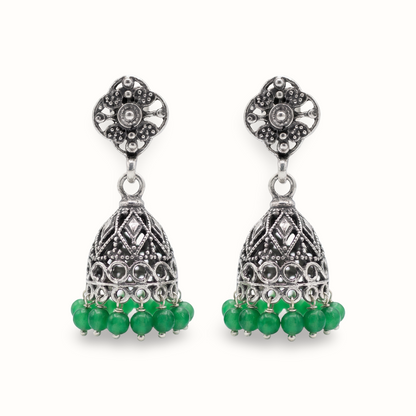Goes With Everything — Jali Jhumka in Oxidised Silver with Green Beads