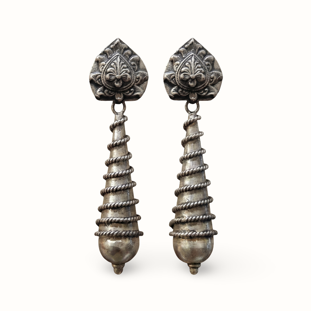 Coiled Up — Lotus Stud Long Drop Earrings in Oxidised Silver