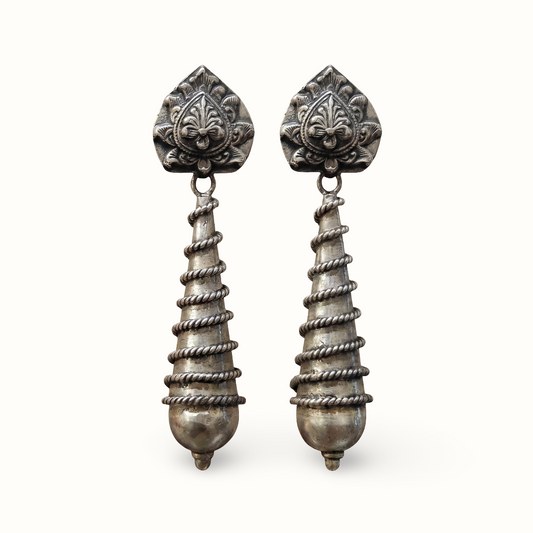 Coiled Up — Lotus Stud Long Drop Earrings in Oxidised Silver