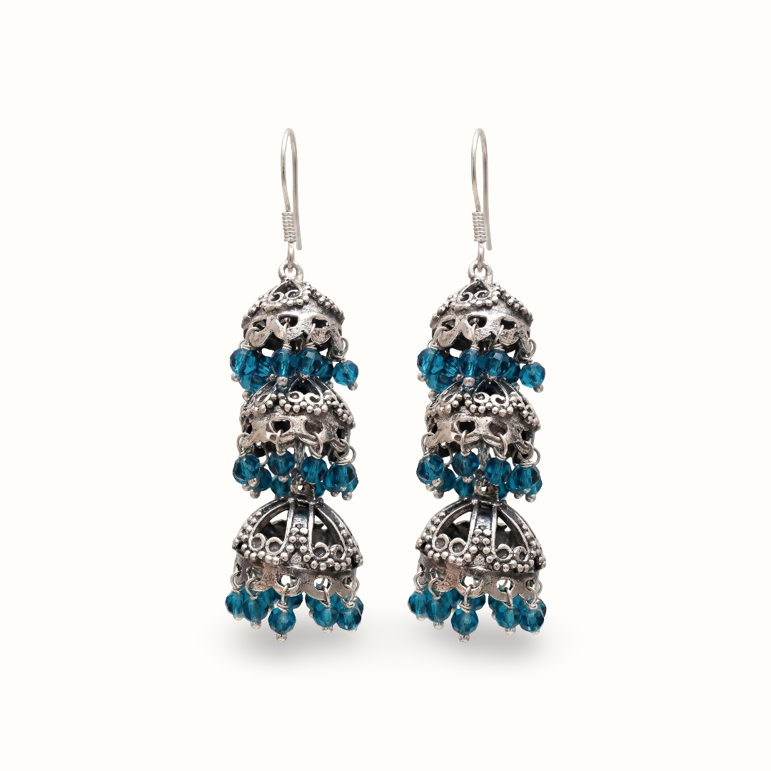 Triple Threat — Three-Tier Jhumka in Oxidised Silver with Firoza Crystals