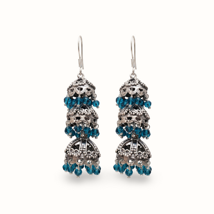 Triple Threat — Three-Tier Jhumka in Oxidised Silver with Firoza Crystals