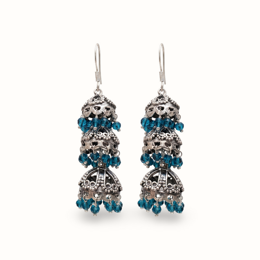 Triple Threat — Three-Tier Jhumka in Oxidised Silver with Firoza Crystals
