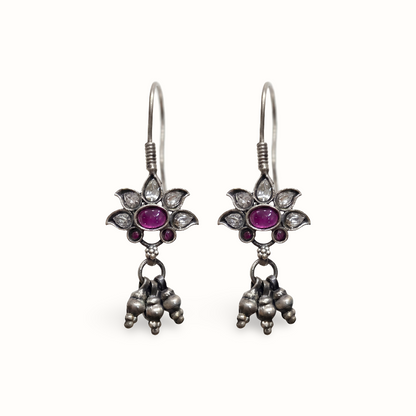 Petal Push — Kundan Flower Drop Earrings in Oxidised Silver