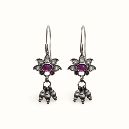 Petal Push — Kundan Flower Drop Earrings in Oxidised Silver