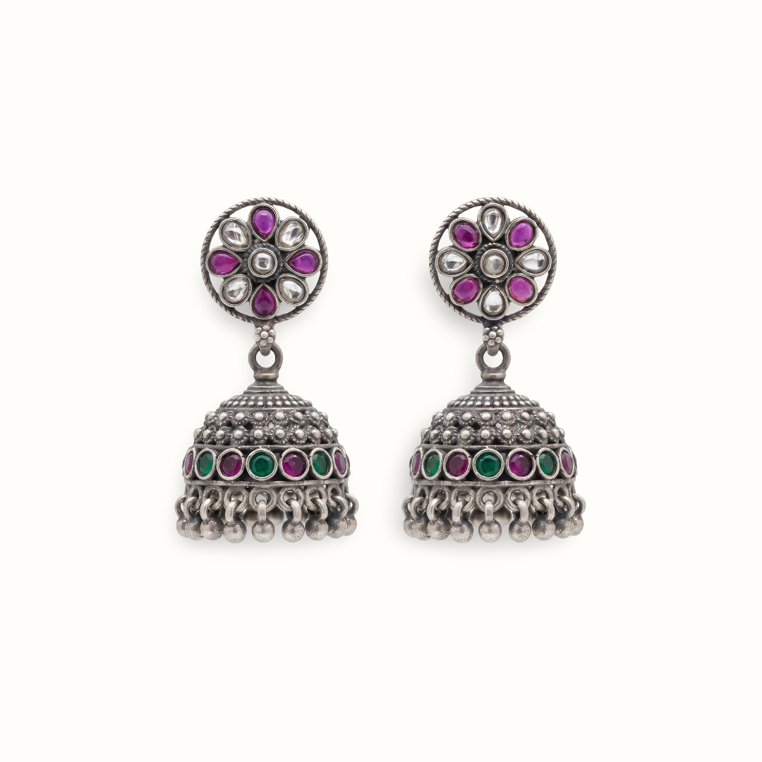 Flower Power — Kundan Jhumka in Oxidised Silver
