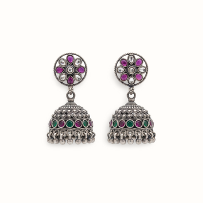 Flower Power — Kundan Jhumka in Oxidised Silver