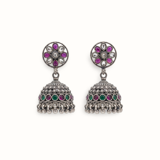 Flower Power — Kundan Jhumka in Oxidised Silver