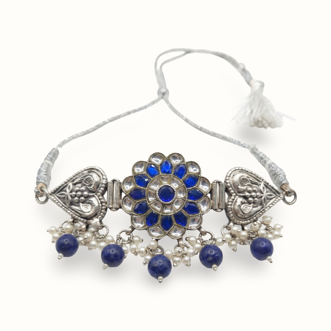 Midnight Bloom — Kundan Floral Choker in Oxidised Silver