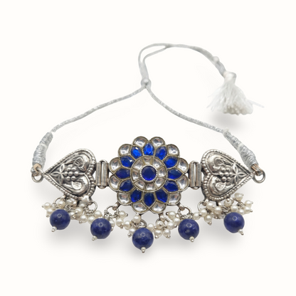Midnight Bloom — Kundan Floral Choker in Oxidised Silver