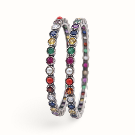 Nine of Everything — Navratna Bangle in Oxidised Silver