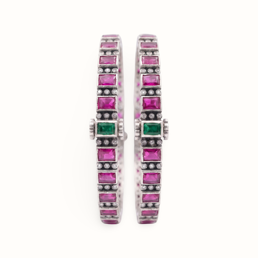 Row on Row — Ruby & Emerald Kundan Kada in Oxidised Silver