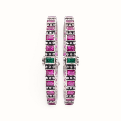 Row on Row — Ruby & Emerald Kundan Kada in Oxidised Silver
