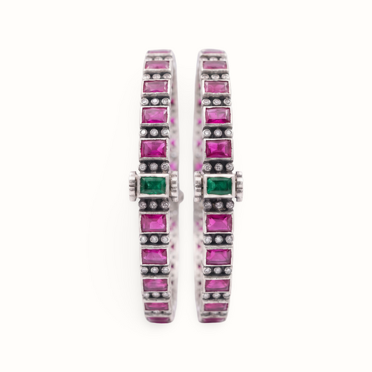 Row on Row — Ruby & Emerald Kundan Kada in Oxidised Silver