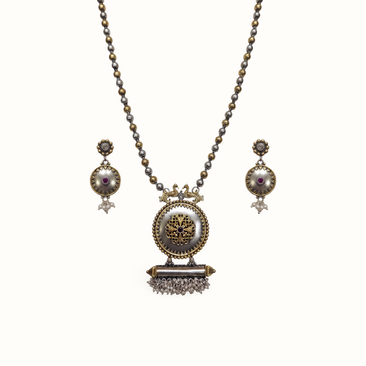 Quite the Statement — Dholak Locket Pendant Necklace in Dual Tone Silver