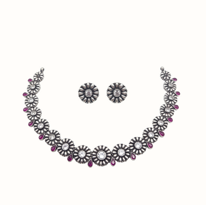 Full Bloom — Floral Kundan Necklace Set in Oxidised Silver