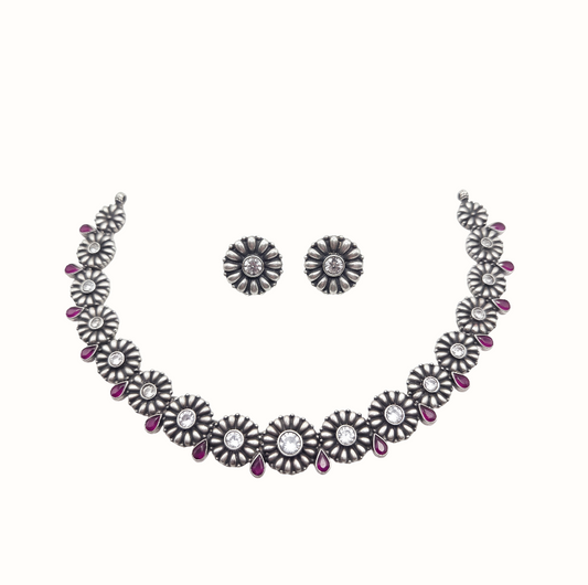 Full Bloom — Floral Kundan Necklace Set in Oxidised Silver
