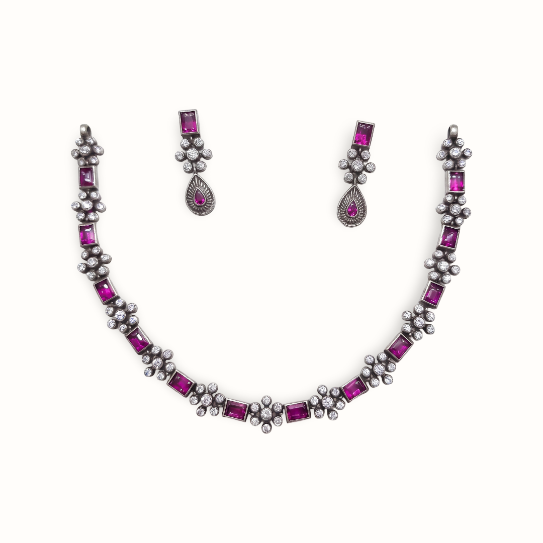 Ruby Row — Baguette & CZ Floral Necklace Set in Oxidised Silver