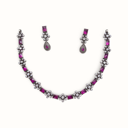 Ruby Row — Baguette & CZ Floral Necklace Set in Oxidised Silver