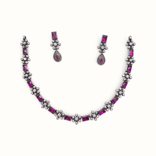 Ruby Row — Baguette & CZ Floral Necklace Set in Oxidised Silver