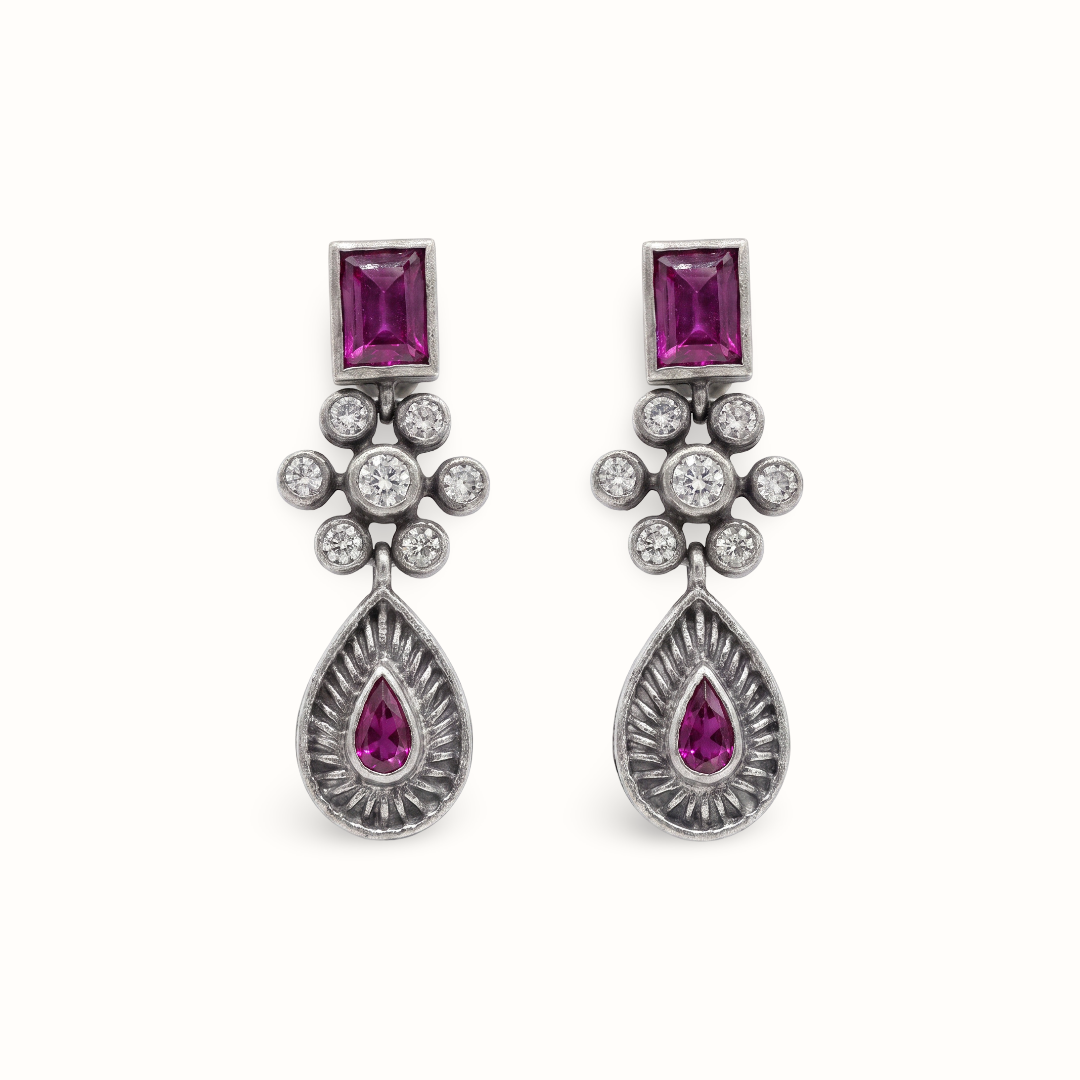 Ruby Tuesday — Baguette & Teardrop Earrings in Oxidised Silver