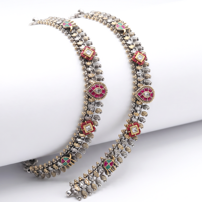 Saree Weather — Kundan Meenakari Payal in Dual Tone Silver