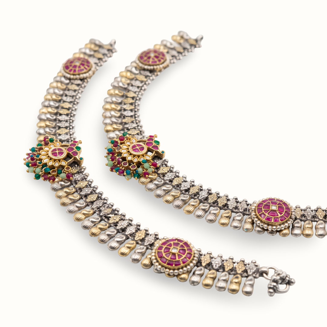 Ankle Goals — Kundan Pacheli Payal in Dual Tone Silver