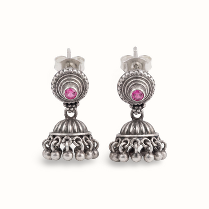 Pink Wink — Jhumka Stud Earrings in Oxidised Silver