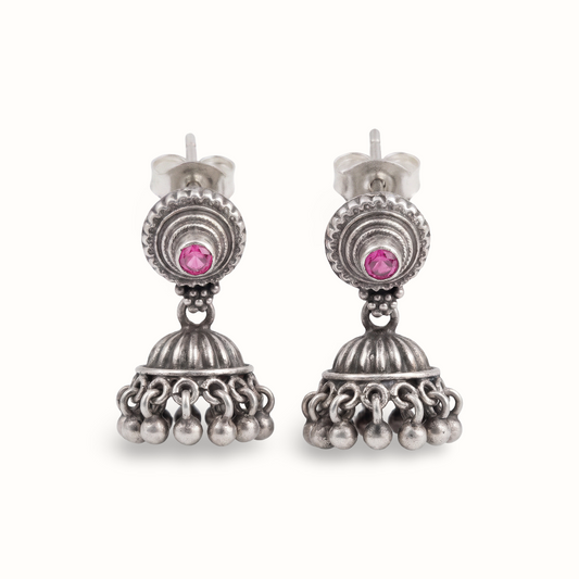 Pink Wink — Jhumka Stud Earrings in Oxidised Silver