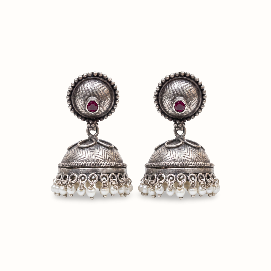 Little Red Dot — Chevron Jhumka with Pearl Drops in Oxidised Silver