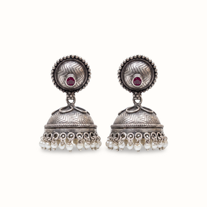Little Red Dot — Chevron Jhumka with Pearl Drops in Oxidised Silver