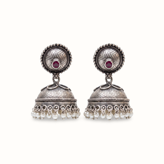 Little Red Dot — Chevron Jhumka with Pearl Drops in Oxidised Silver