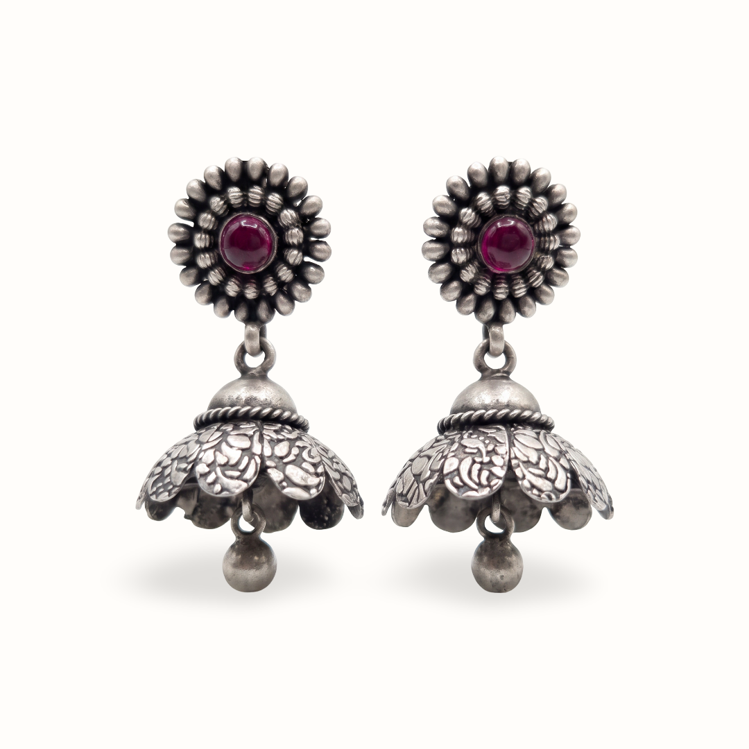 Full Bloom — Floral Jhumka in Oxidised Silver with Ruby Cabochon