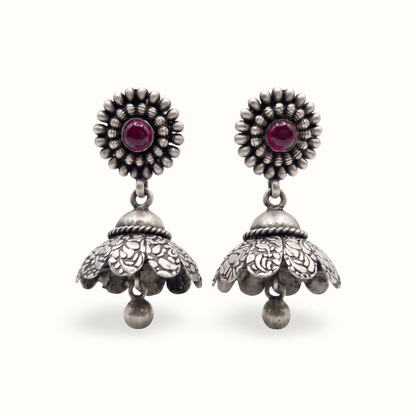 Full Bloom — Floral Jhumka in Oxidised Silver with Ruby Cabochon