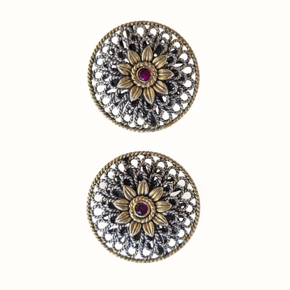 Full Coverage — Filigree Round Stud Earrings in Dual Tone Silver