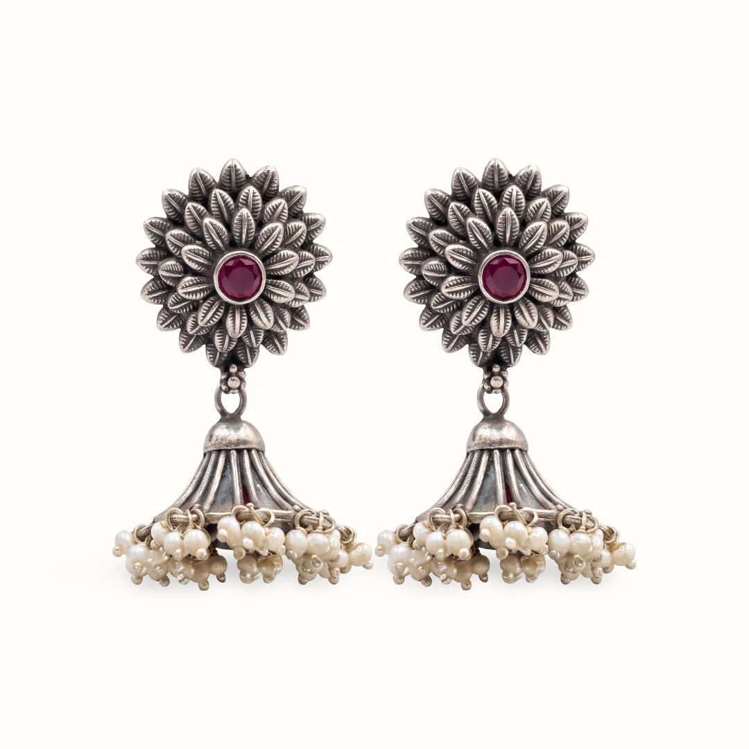 Full Bloom — Floral Jhumka with Ruby & Pearl Drops in Oxidised Silver