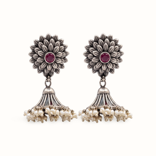 Full Bloom — Floral Jhumka with Ruby & Pearl Drops in Oxidised Silver