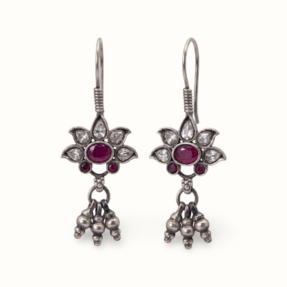 Petal Push — Kundan Flower Drop Earrings in Oxidised Silver
