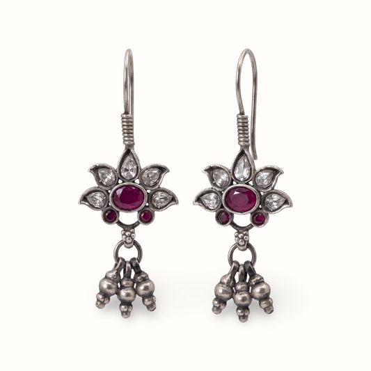 Petal Push — Kundan Flower Drop Earrings in Oxidised Silver