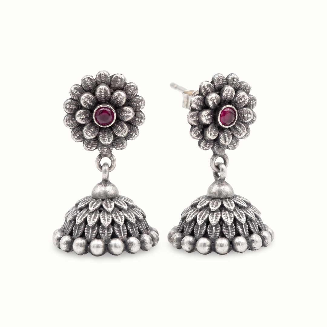Full Bloom — Floral Jhumka in Oxidised Silver