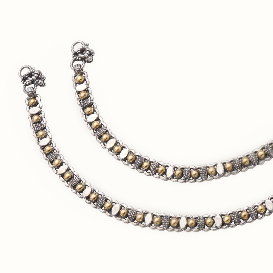 Two-Toned Trouble — Gold Bead Payal in Dual Tone Oxidised Silver
