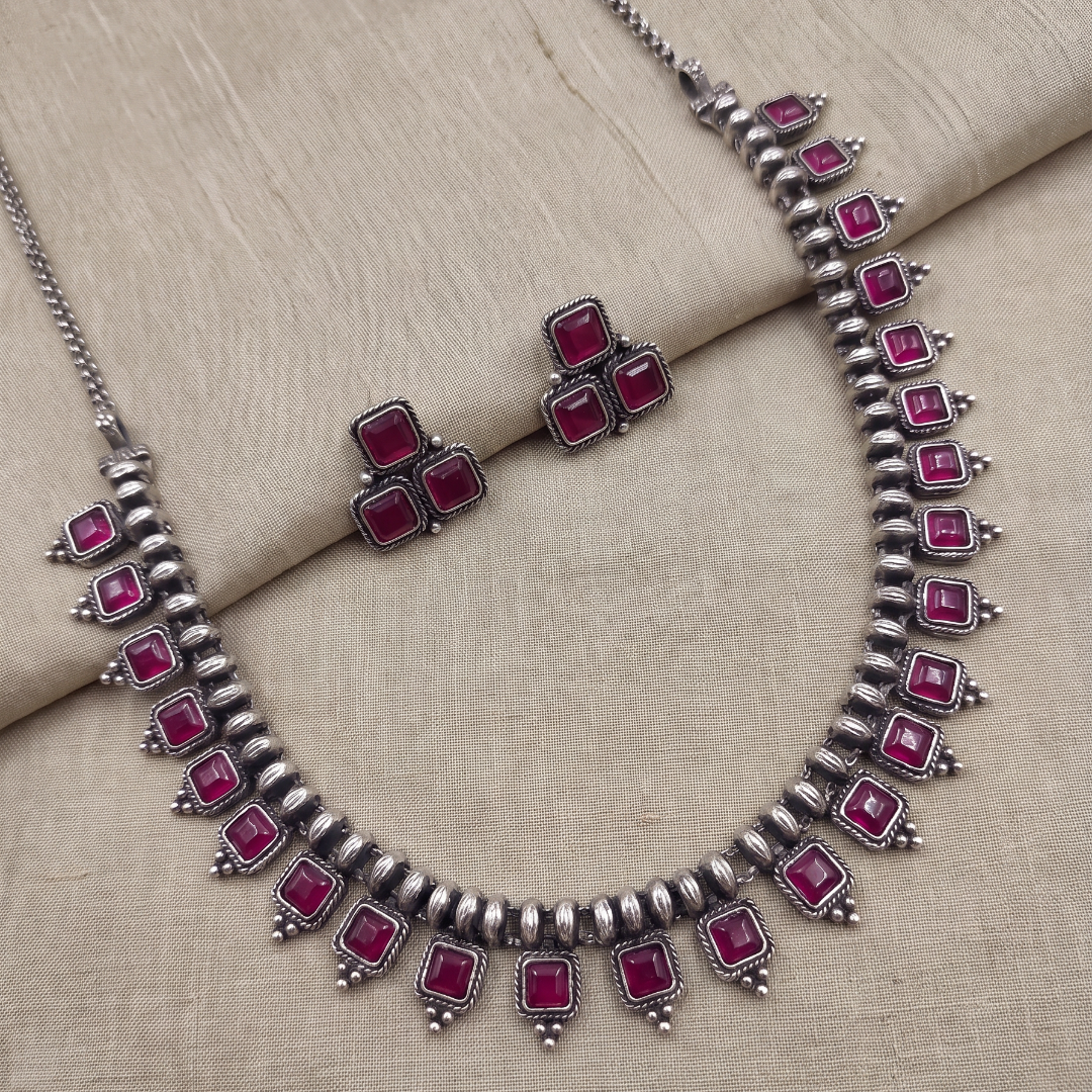 Ruby Rush — Square Ruby Collar Necklace Set in Oxidised Silver